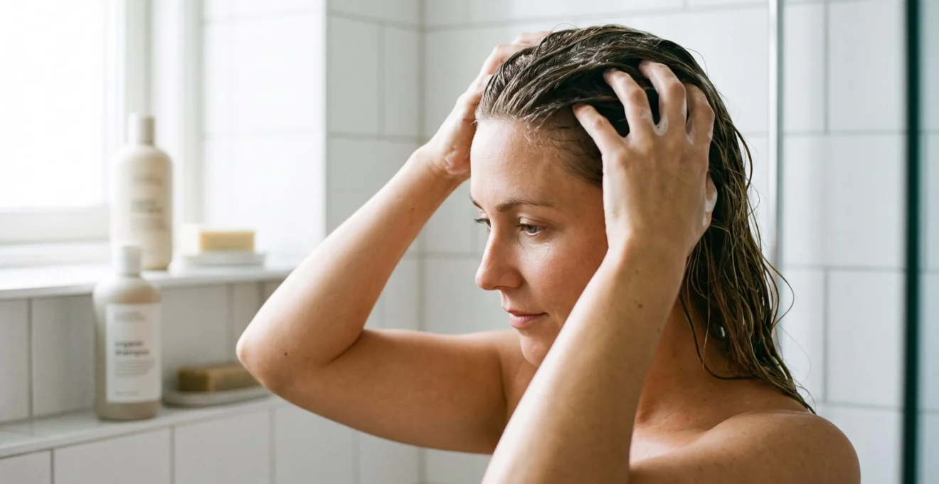 Femme massant délicatement son cuir chevelu sous la douche avec shampoing bio moussant légèrement, geste circulaire doux du bout des doigts