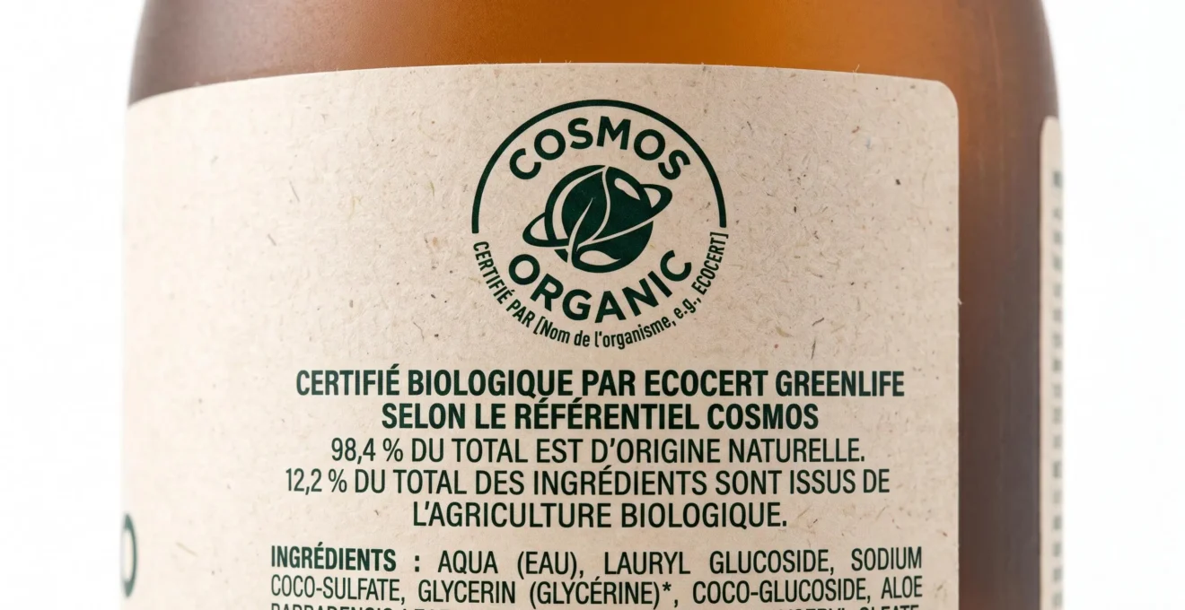 Gros plan macro sur logo de certification COSMOS Organic visible sur étiquette arrière d'un flacon de shampoing bio, texte en français net et lisible