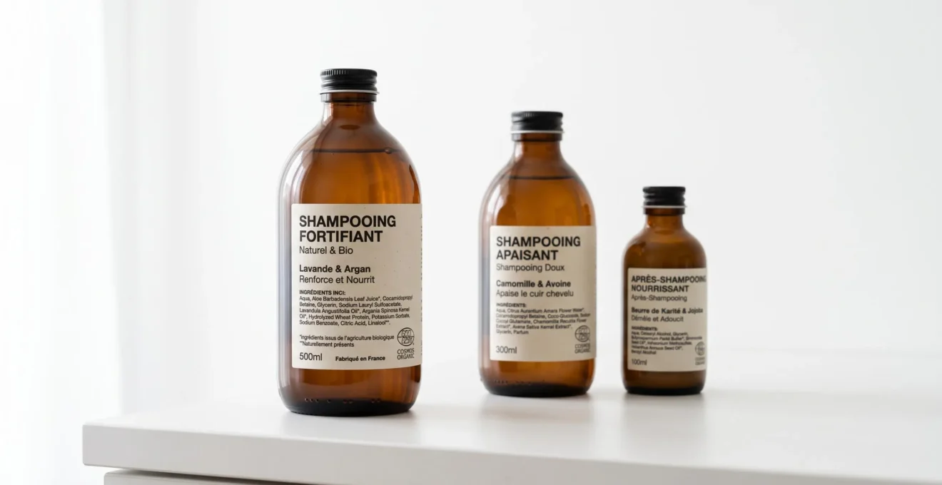 Trois flacons de shampoings biologiques certifiés disposés sur comptoir blanc lisse, étiquettes INCI en français visibles face caméra avec logos de certification bio